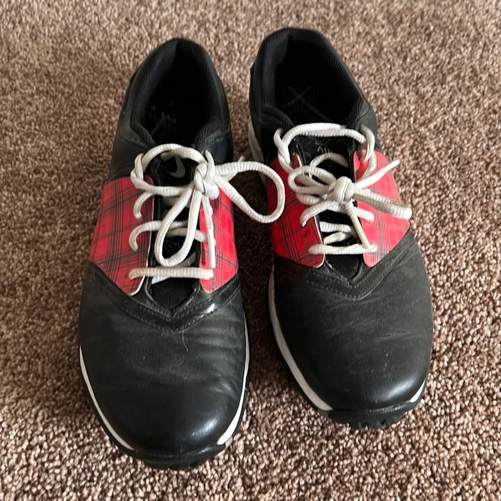 Nike Women’s Golf Shoes, black with removable plaid insert.